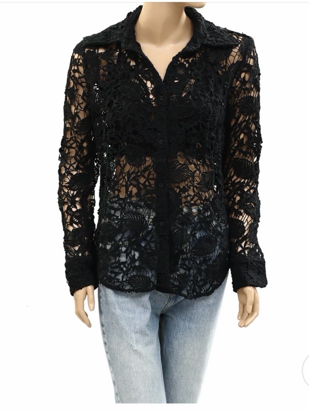 Black Lace Button-Up Shirt - Women